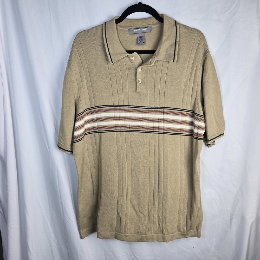 Vtg 70s PIERRE CARDIN Sweater Knit Polo Mens XL Tan Striped Retro Mod Hipster
